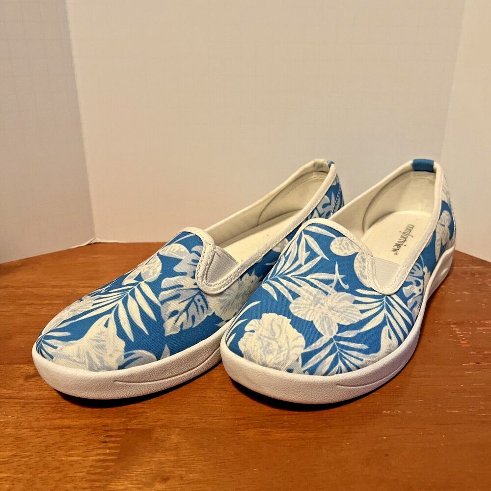 Comfortview Women's 7.5M Dottie Slip-On Sneakers Tropical Floral Blue Shoes‎